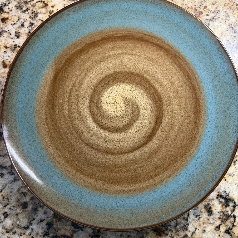 Stoneware Swirl Dinner Plates in Teal and Brown - Set of 8